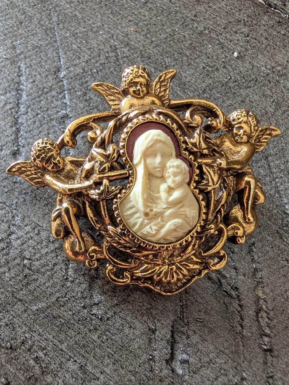 Gold-Tone Cherub Madonna and Child Brooch
